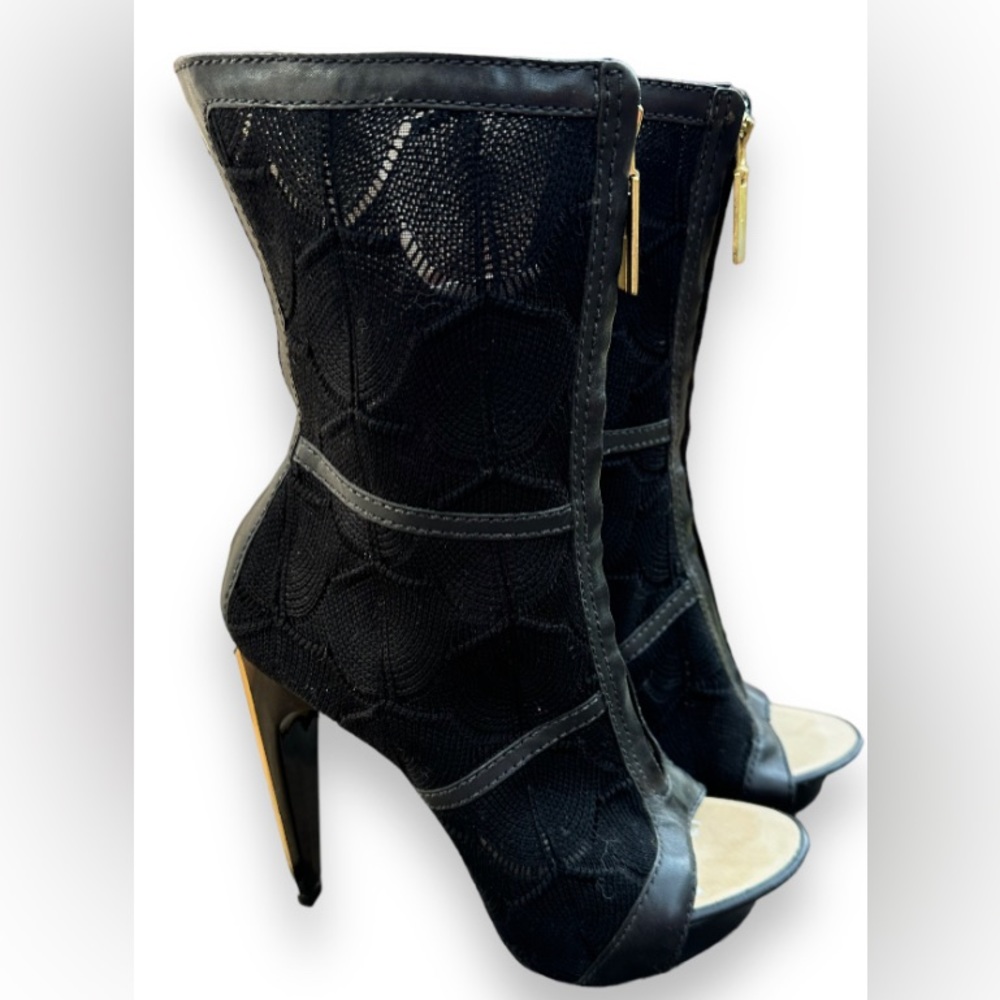 LAMB Black Gold Leather Trim Open Toe Zip Platform High Heel Booties Size 7 - Picture 4 of 8